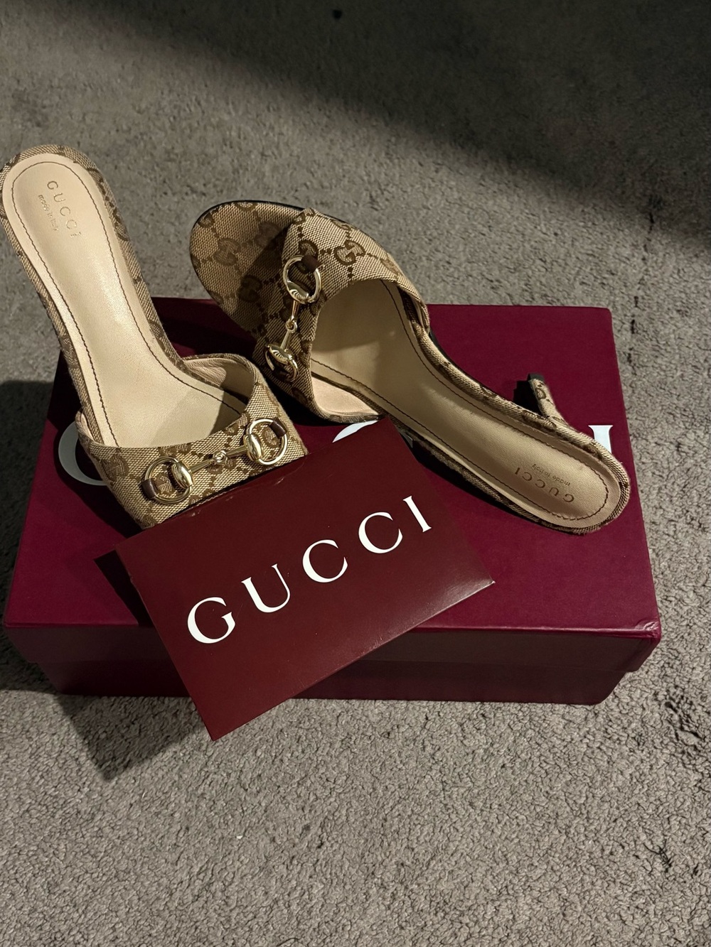 Gucci Beige Monogram Horsebit Slide Mules